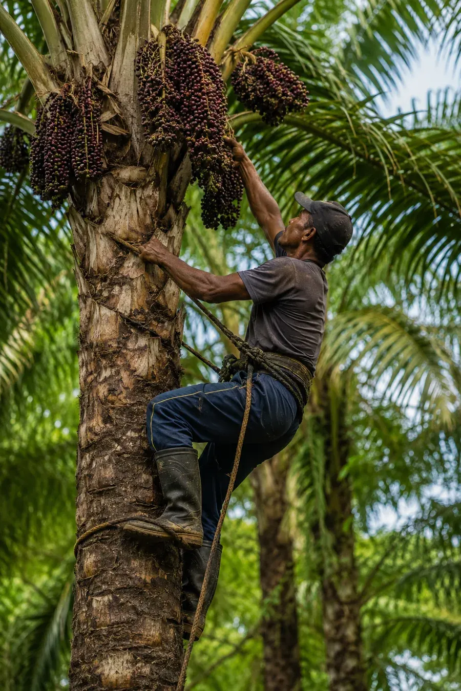 Recolector cosechando racimos de naidí trepando la palma en el Pacífico colombiano